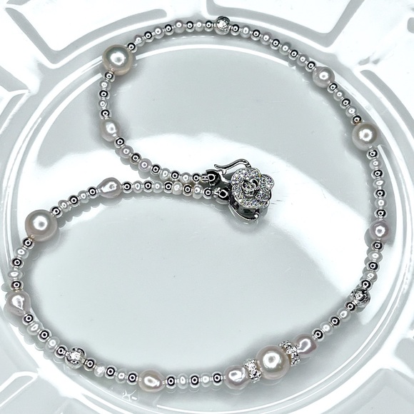 Handmade By Me Freshwater Edison Pearl Necklace Crystal Rose Double Clasp - Picture 1 of 5